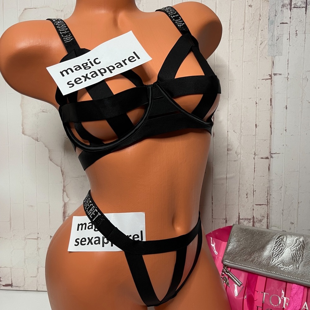 VS LUXE 34 36 BRA M PANTY SET BLING STRAP LOGO STRAPPY CAGED BRA BONDAGE